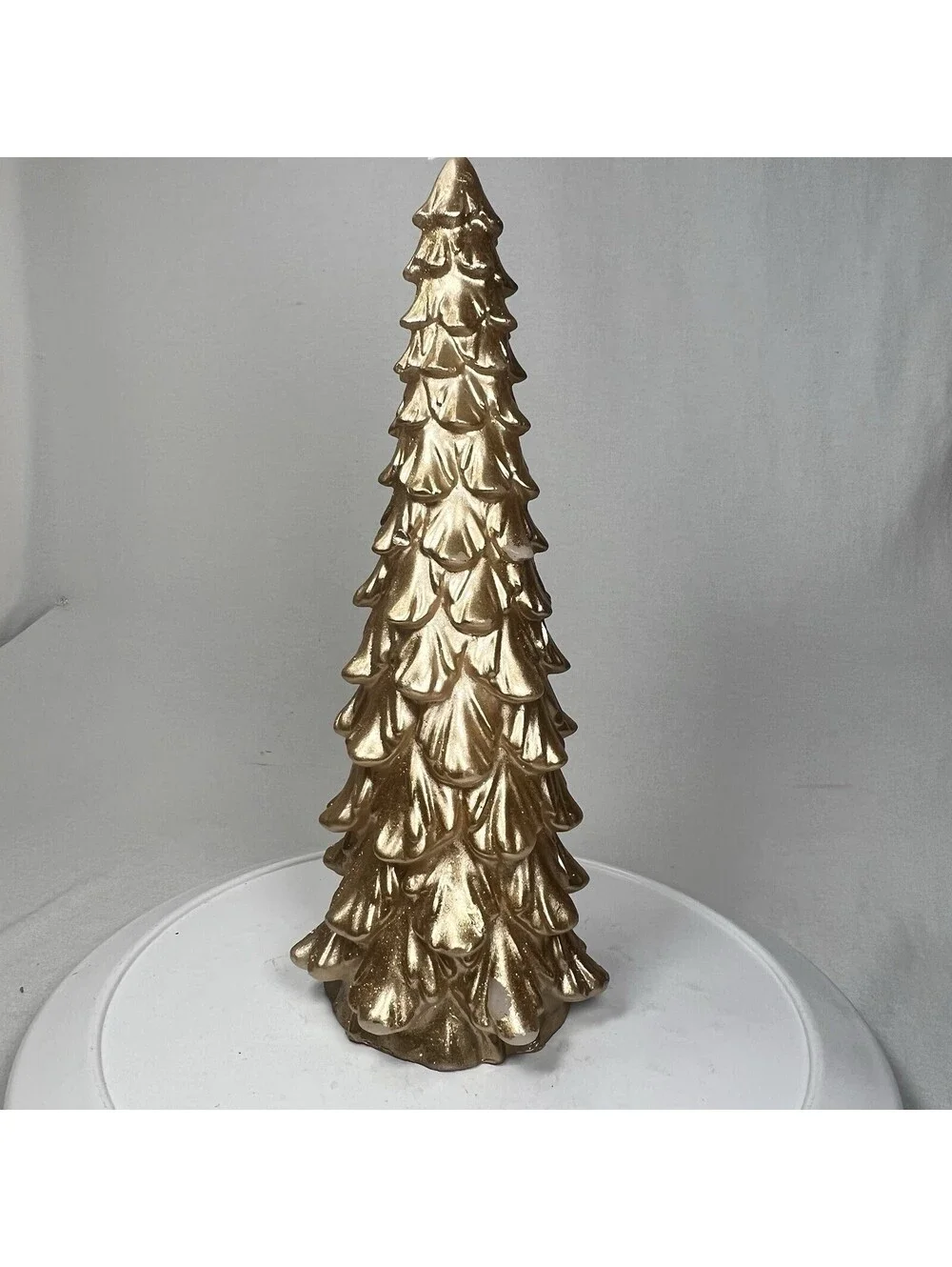 Vintage Christmas Tree Wax Candle Cream Gold Glitter Unburned 15 in. Tall.